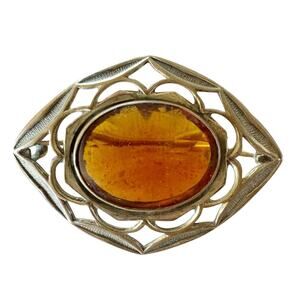 Vintage Art Deco Brass Metal Amber Glass Sash Brooch Pin